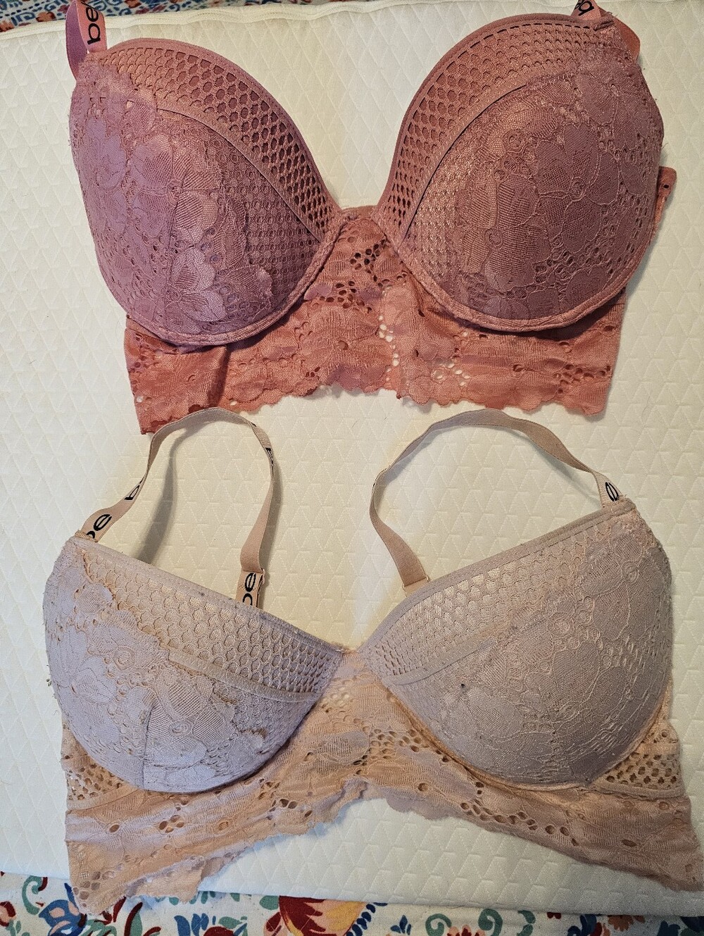 Bebe Lace Longline Underwire Bras Set of 2 Pink Nude Size 38DD euc sexy pretty